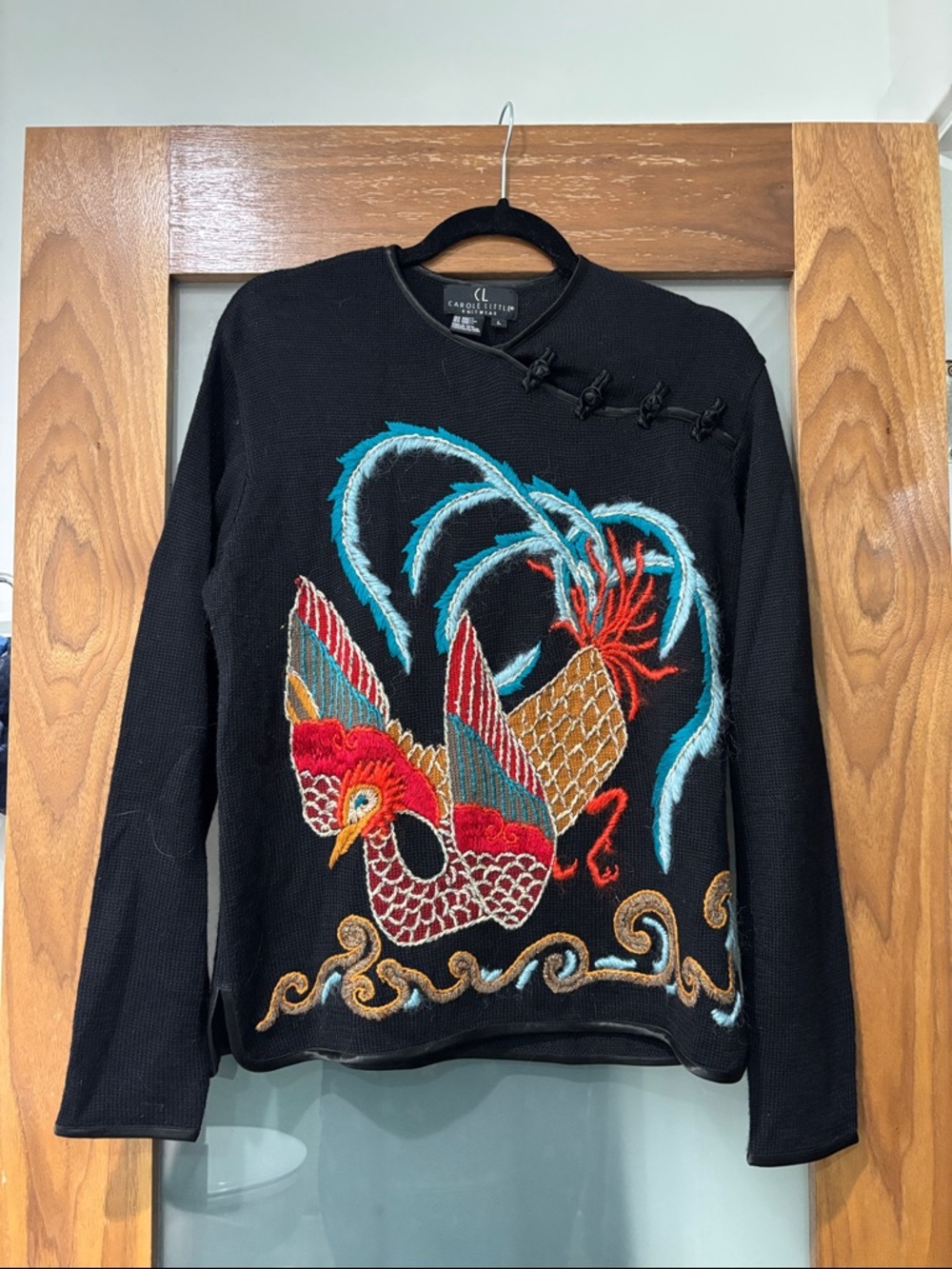 Carole Little Black Embroidered Phoenix Sweater with Red & Turquoise Accents